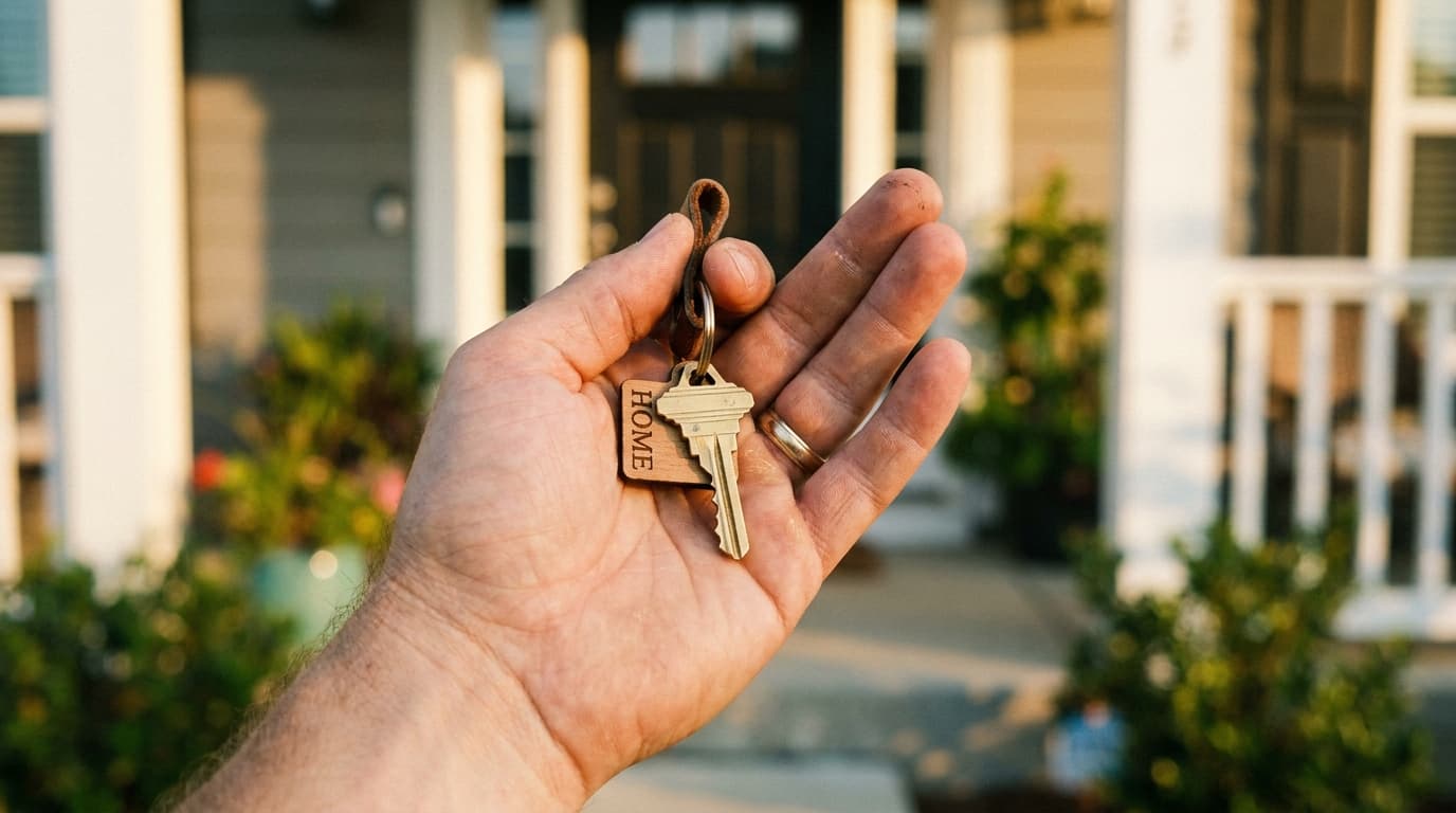 Homeowner holding house keys outside front door in Roseville California