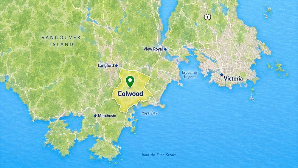 Map showing Colwood BC and nearby Westshore communities