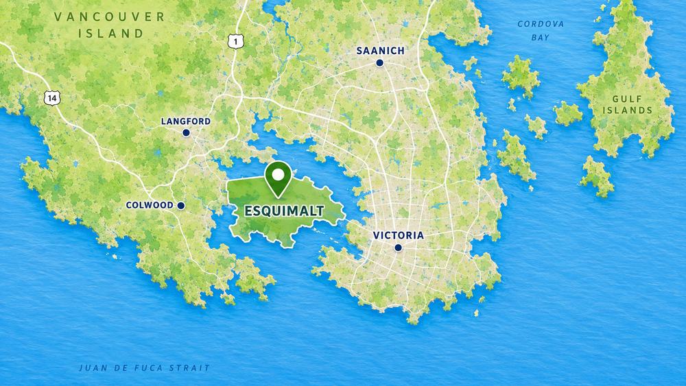 Map showing Esquimalt neighbourhoods, parks, shoreline, harbour, and nearby Victoria BC