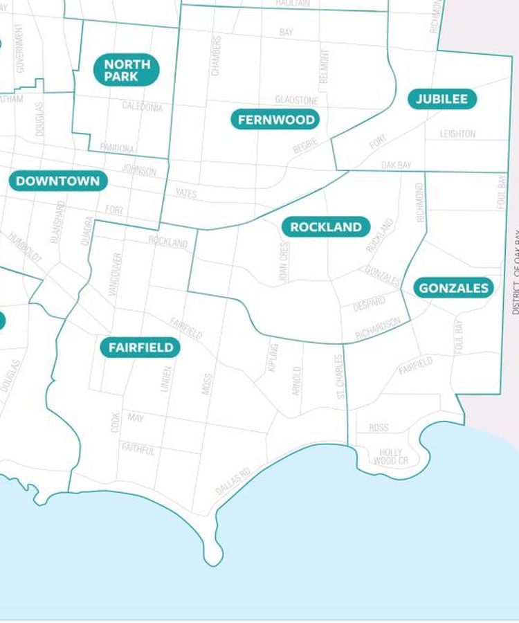 Map showing Fairfield in Victoria BC near Rockland Gonzales downtown Victoria Beacon Hill Park and Dallas Road