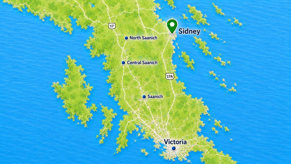 Map showing Sidney on the Saanich Peninsula near North Saanich Central Saanich Beacon Avenue Roberts Bay and the Sidney waterfront