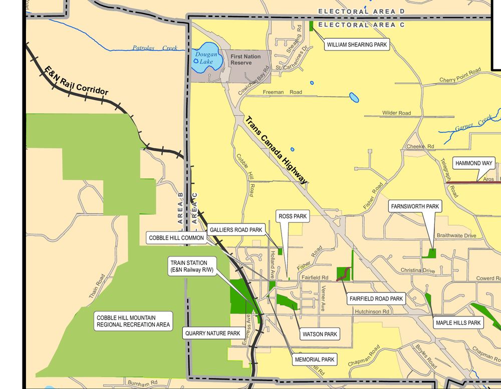 Map of Cobble Hill showing the village, Trans Canada Highway, Cobble Hill Mountain, Dougan Lake, parks and surrounding roads