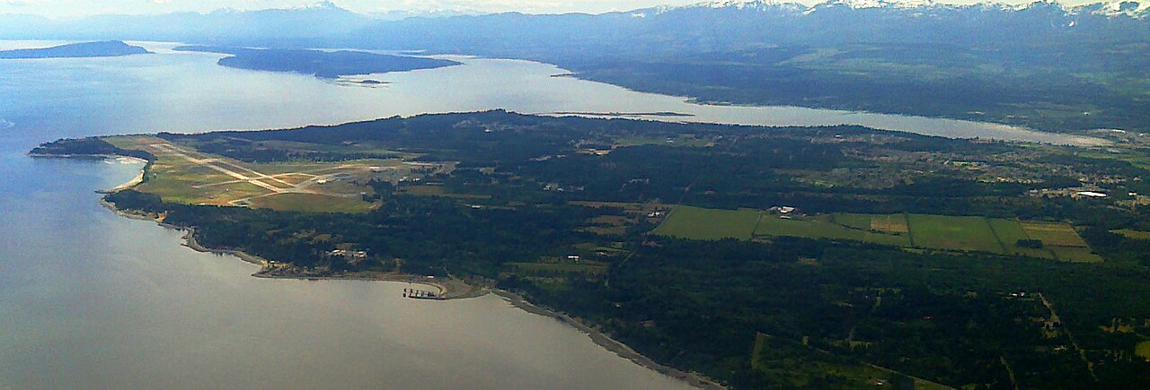 Aerial view of Comox, its neighbourhoods and Comox Bay