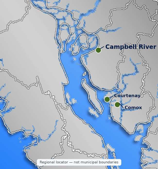 Locator map for the Comox Valley and Campbell River on Vancouver Island