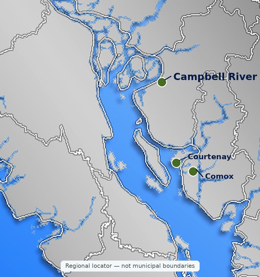 Regional locator map for Courtenay Comox and Campbell River on Vancouver Island