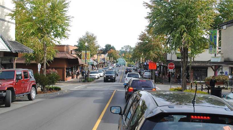 Tree-lined Fifth Street in downtown Courtenay with shops on both sides