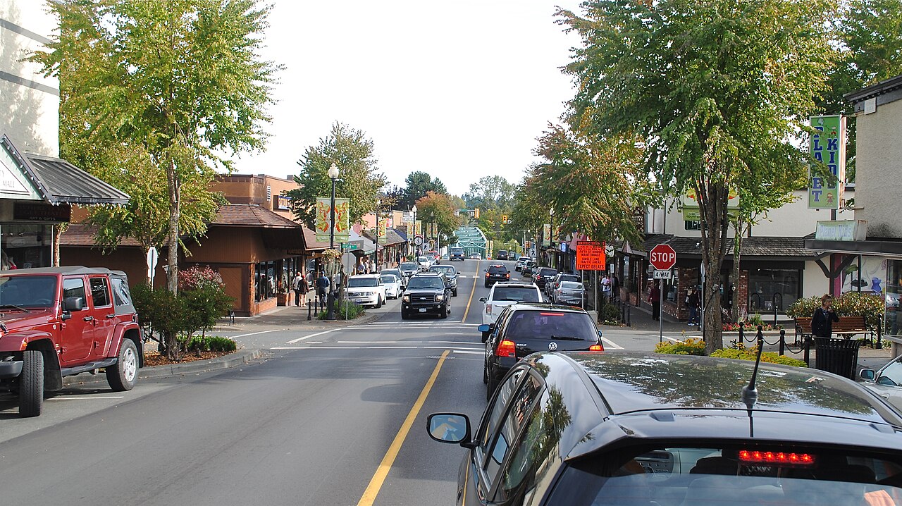 Tree-lined Fifth Street in downtown Courtenay with shops on both sides