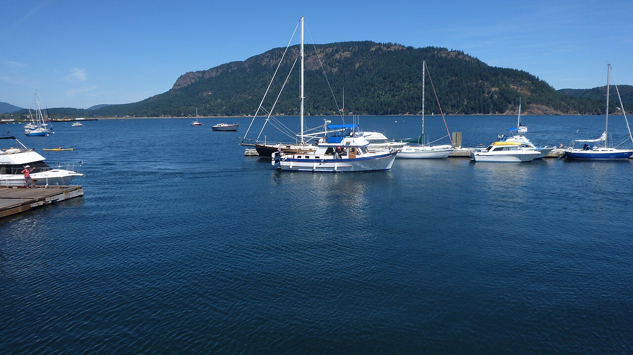 Sailboats moored in Cowichan Bay with forested hills behind