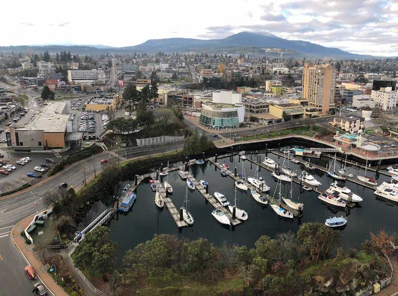Downtown Nanaimo and the boat basin looking west to Mount Benson