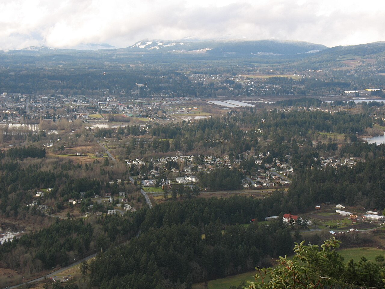 Elevated view over Duncan neighbourhoods and the Cowichan Valley