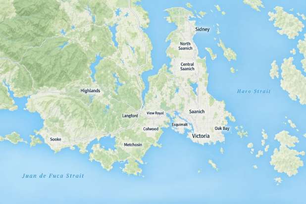 Map of Greater Victoria showing where building lots under one acre come up for sale