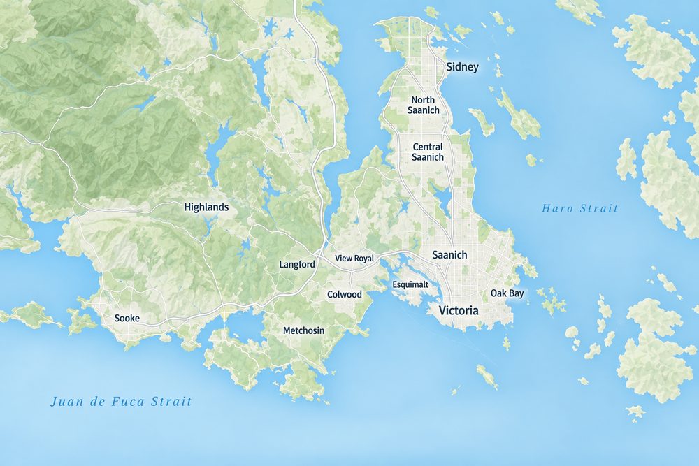 Greater Victoria map showing communities with three to five acre properties