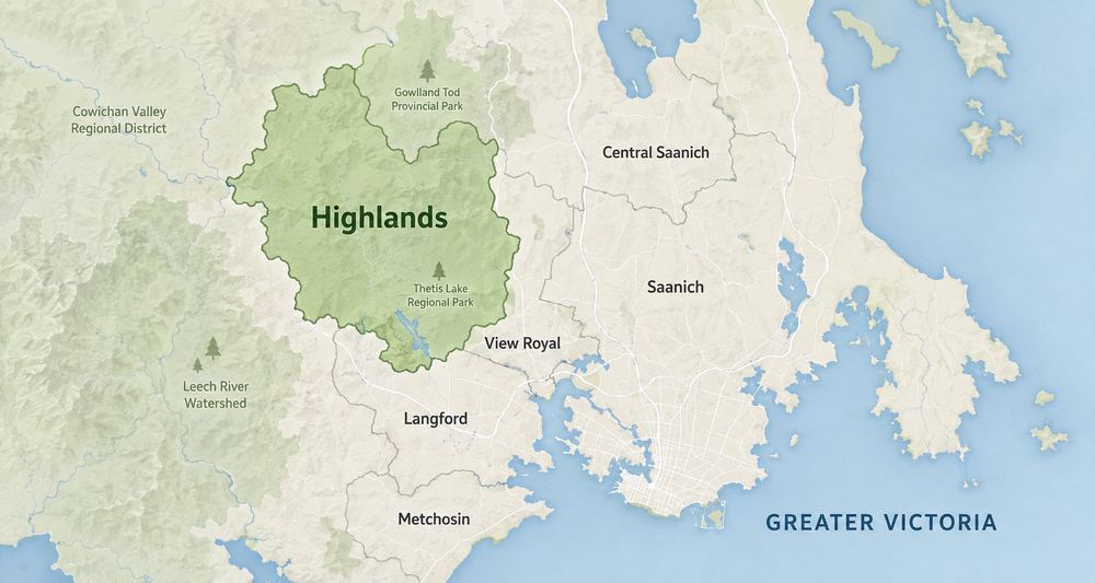 Map showing the District of Highlands in Greater Victoria near Langford View Royal Saanich and Central Saanich