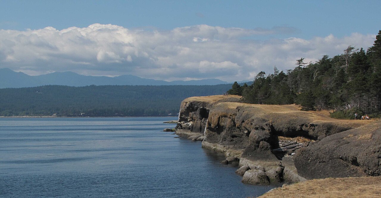 Sandstone sea bluffs and calm water at Helliwell Provincial Park on Hornby Island