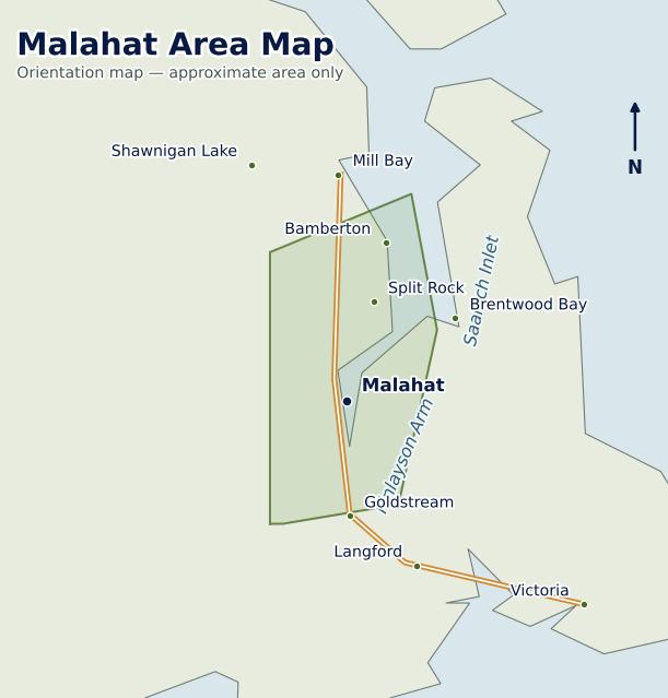 Orientation map showing Malahat between Goldstream, Mill Bay, Shawnigan Lake and Saanich Inlet