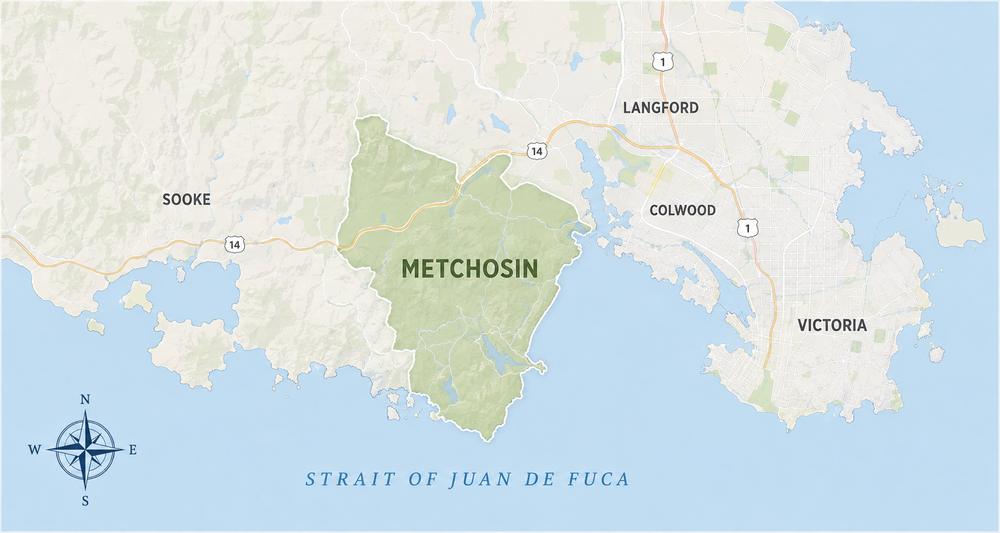 Map showing Metchosin in Greater Victoria near Colwood Langford Sooke and the Strait of Juan de Fuca