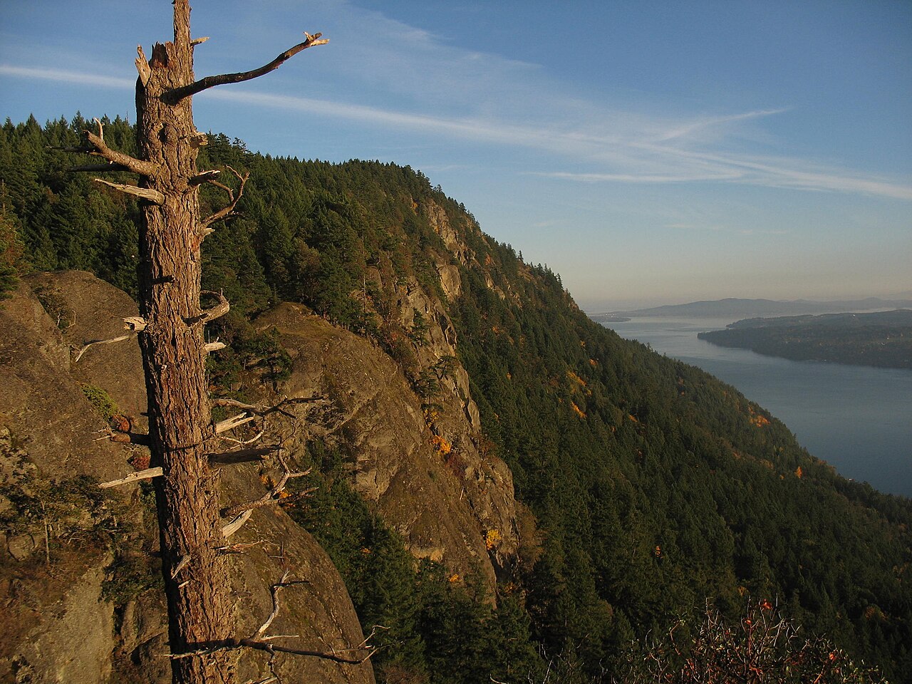 Forested cliffs of Mount Tzouhalem above the water