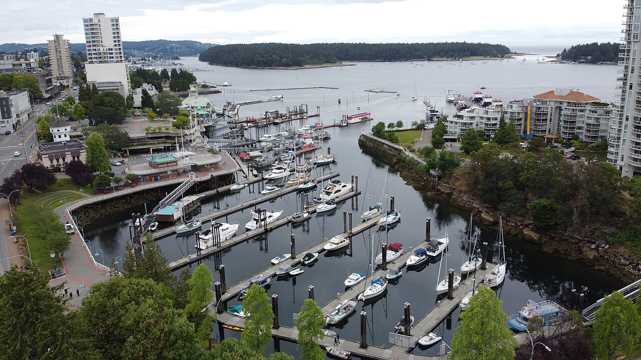 Nanaimo boat basin and harbour with Newcastle and Protection islands beyond