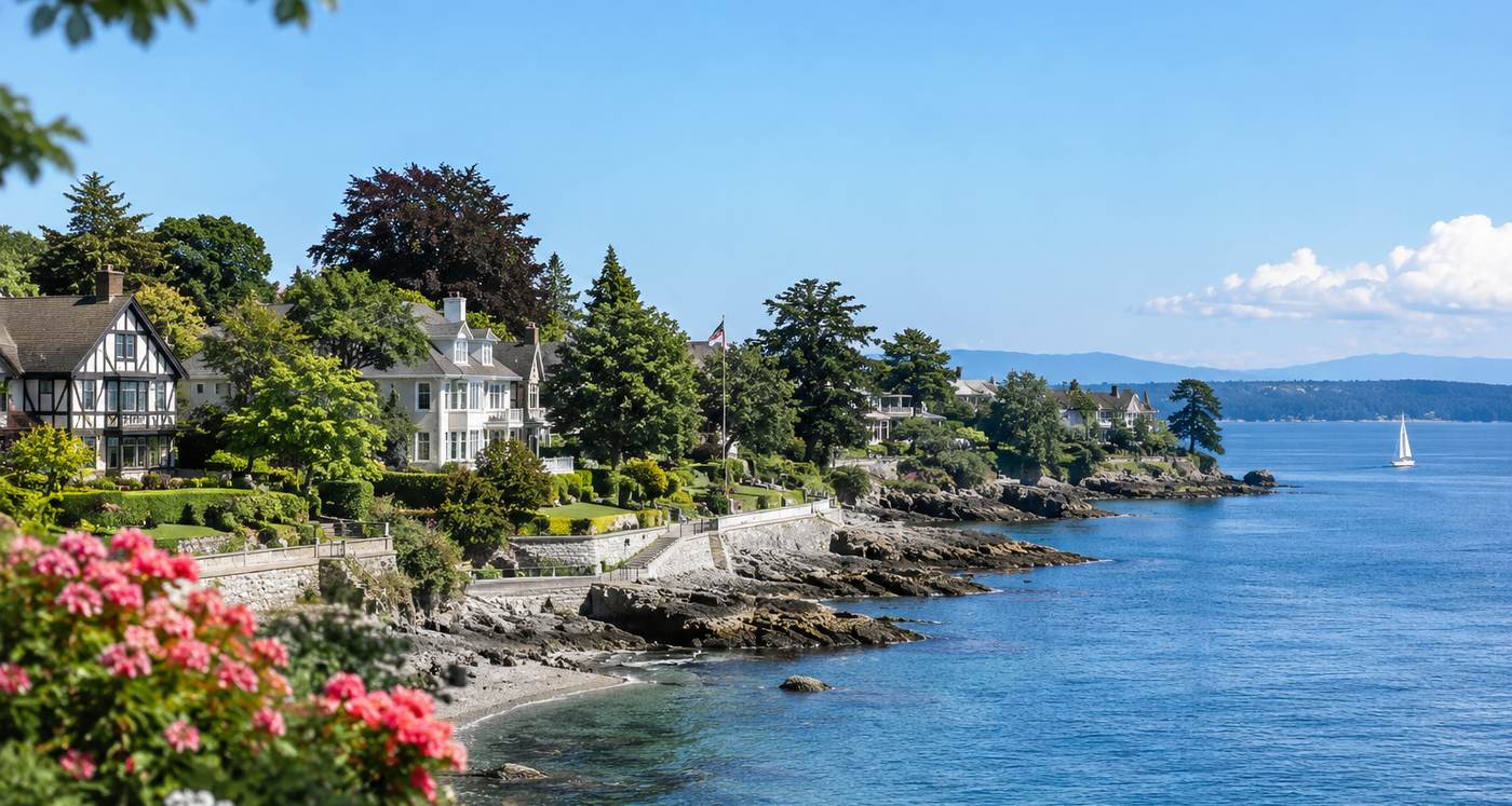 Oak Bay neighbourhood guide with character homes, mature trees, gardens, and coastal scenery
