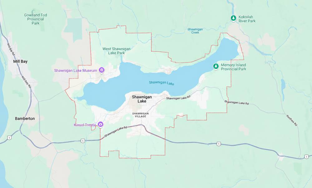 Orientation map showing Shawnigan Lake, Kinsol Trestle, West Shawnigan Lake Park, South Cowichan and Saanich Inlet