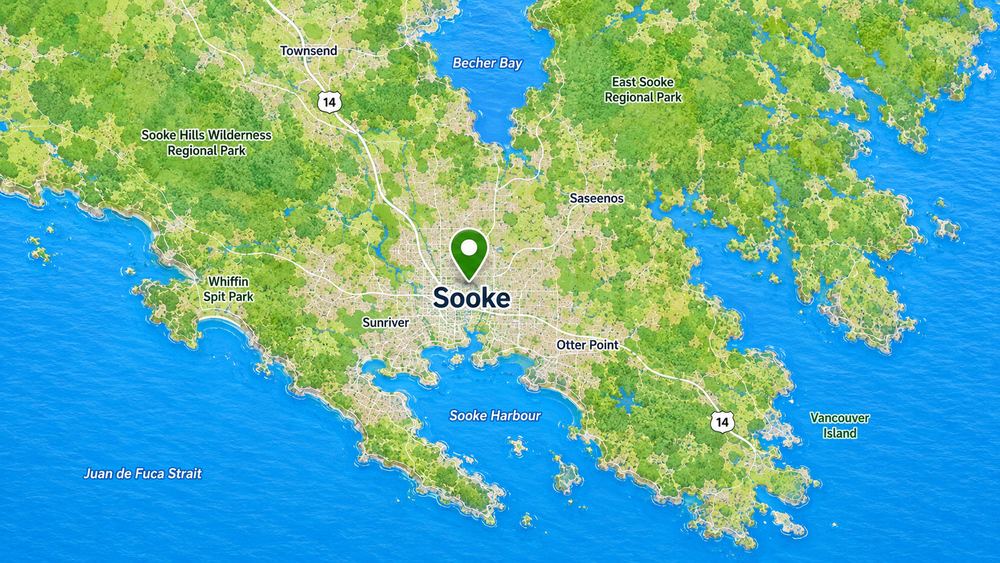 View a map of Sooke BC showing Sooke Harbour, East Sooke, Otter Point, Saseenos, Sunriver, Whiffin Spit, nearby parks, coastal areas, and surrounding Westshore communities