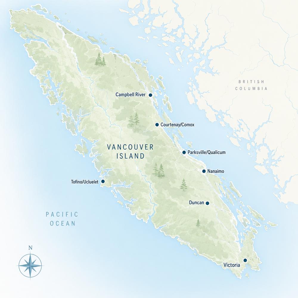 Map showing Vancouver Island waterfront real estate regions and coastal communities