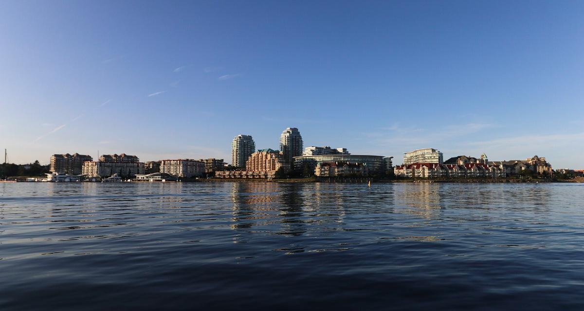 Vic West waterfront skyline across Victoria Harbour in Victoria BC