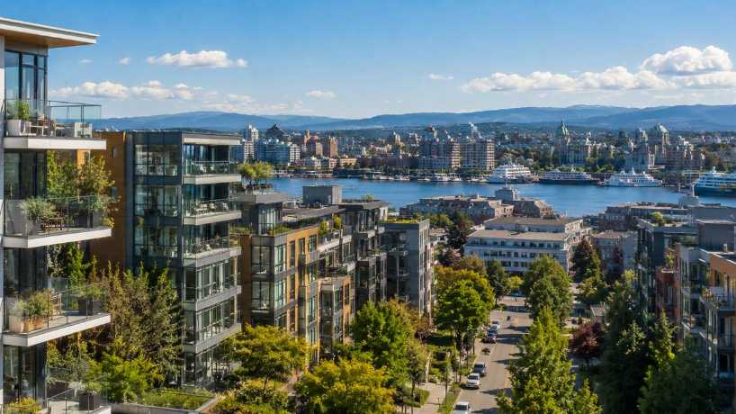 Modern condominium buildings representing newer condo construction in Greater Victoria