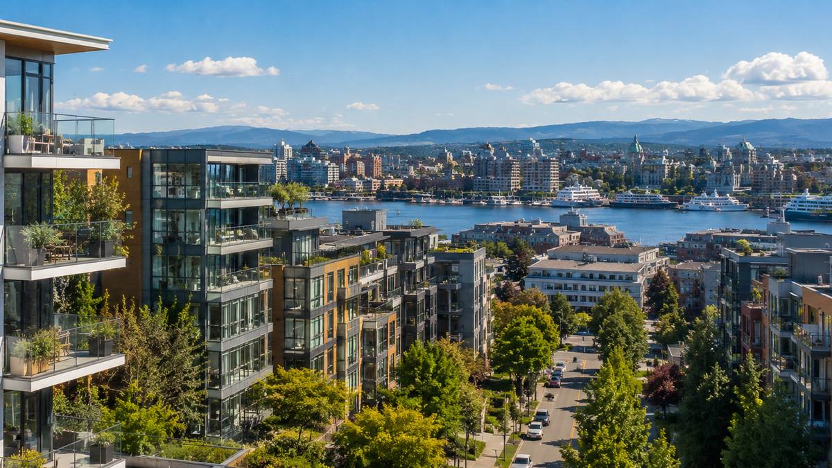 City of Victoria BC condos for sale with downtown skyline, harbourfront buildings and established residential neighbourhoods