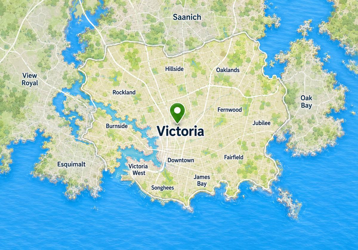 Map of the City of Victoria showing Downtown, James Bay, Fairfield, Rockland, Fernwood, Jubilee, Oaklands, Burnside, Victoria West, and Songhees