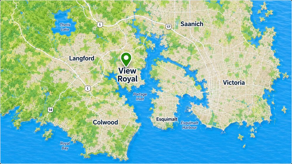 Map of View Royal BC showing Portage Inlet, Thetis Lake, Langford, Colwood, Esquimalt, Saanich, and Victoria