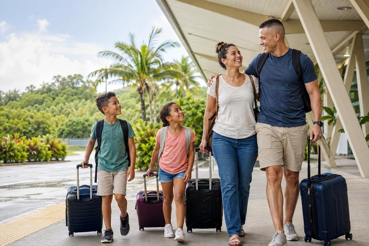 Military family arriving in Guam with luggage