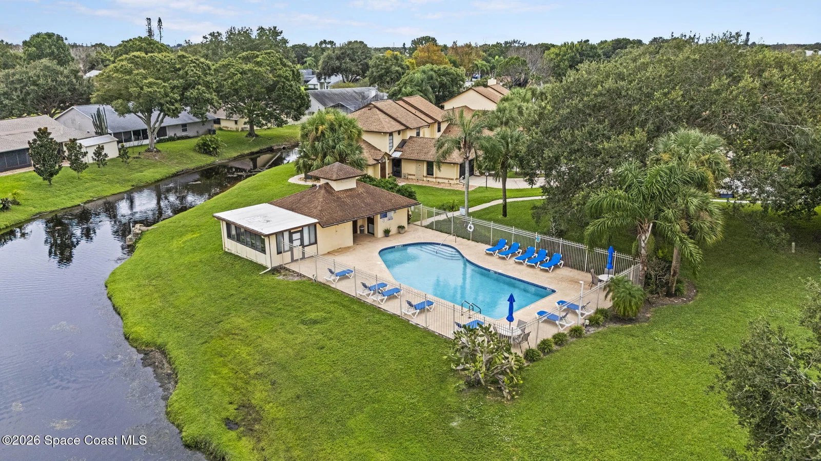 Weston Park community pool in Melbourne FL, aerial view