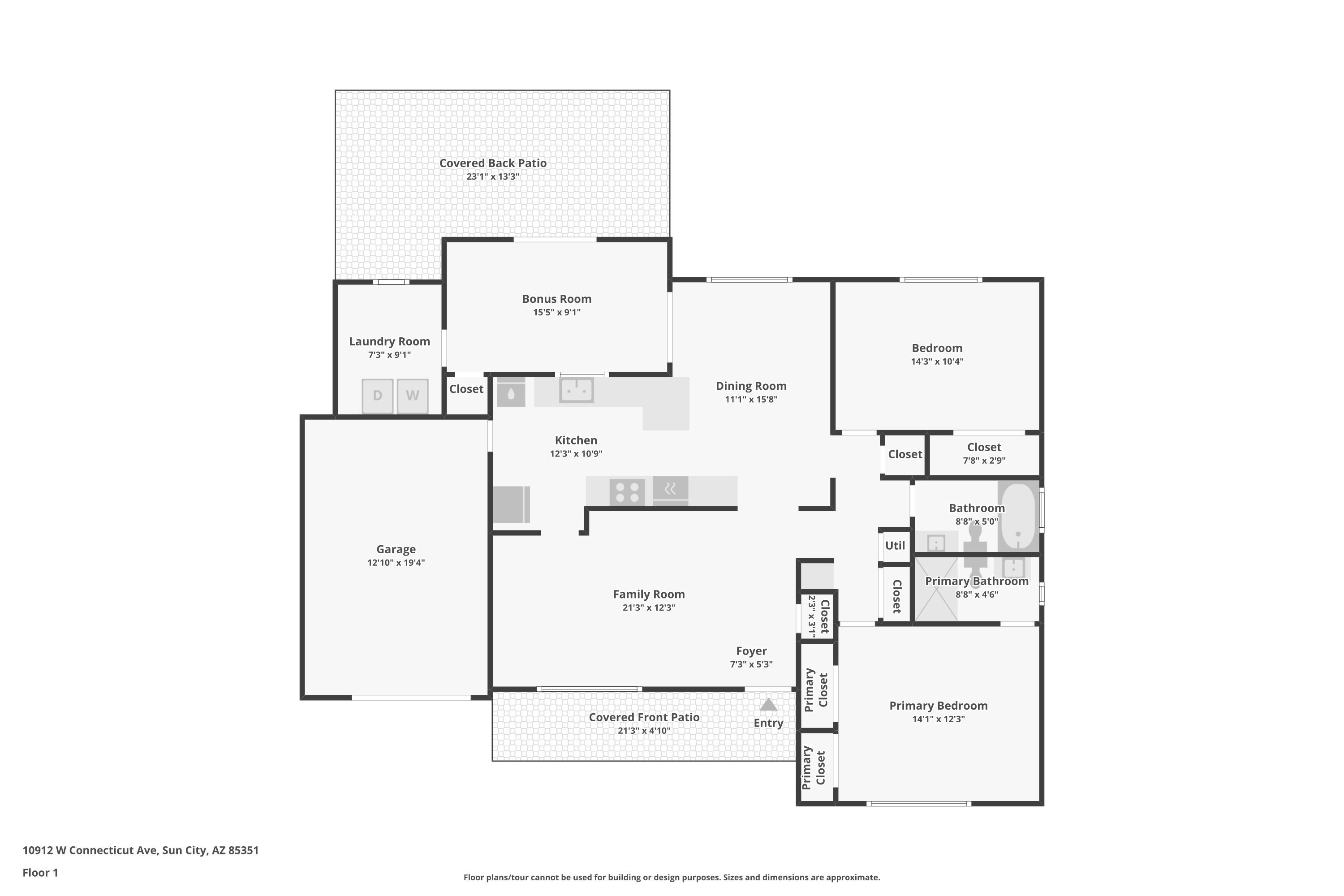 10912 W Connecticut Ave Sun City AZ floor plan, 2 bedroom, 2 bath single level, 1361 sqft
