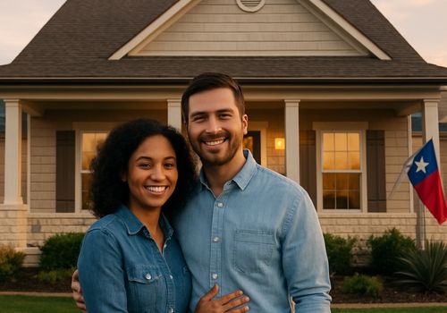 friendly photo of a first-time buyer family in front of a home in McAllen or Mission TX