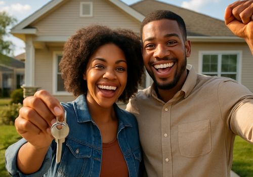 Happy first-time home buyers holding keys in front of a home in Mission or McAllen TX