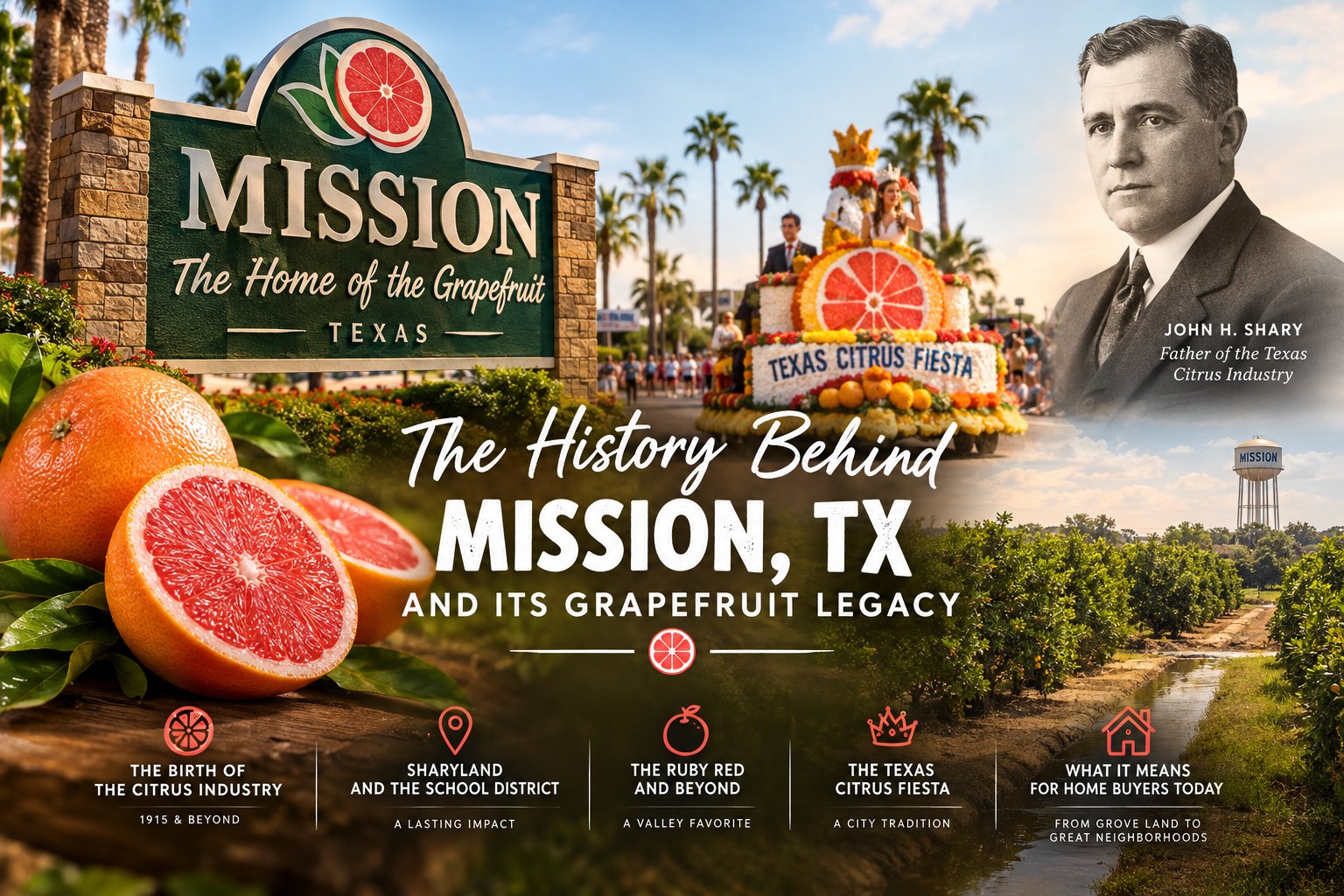 Mission, TX Home of the Grapefruit: grapefruit, a Texas Citrus Fiesta float, and citrus groves