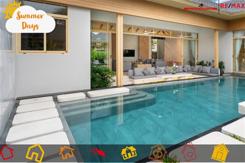 Summer days graphic of a home with a backyard pool