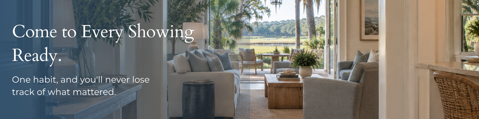 Bright coastal living room opening onto a screened porch with a golf course and palm trees beyond, furnished with soft blue and cream seating