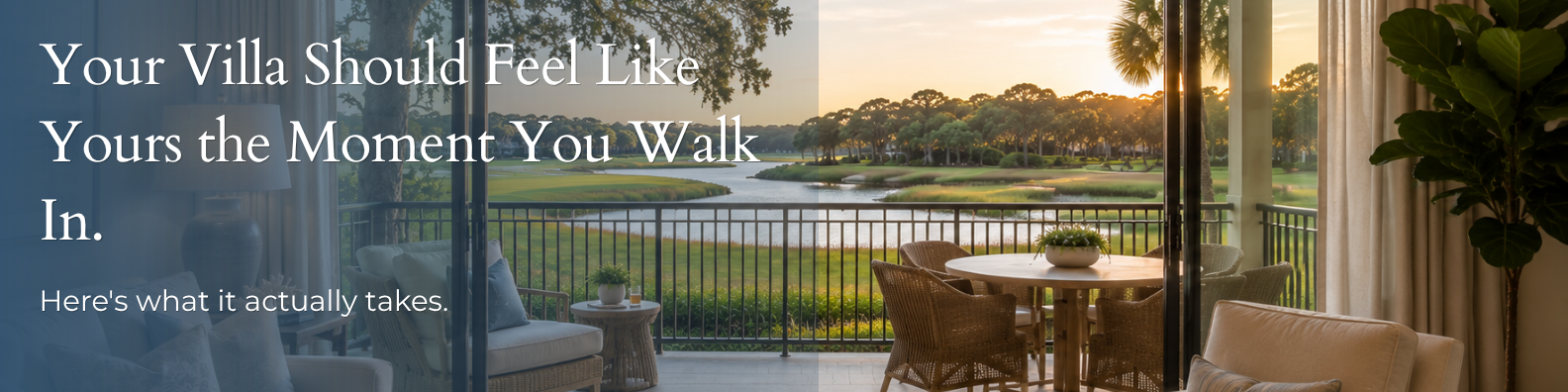 Coastal Hilton Head villa living room and balcony overlooking a lagoon and golf course at sunset.