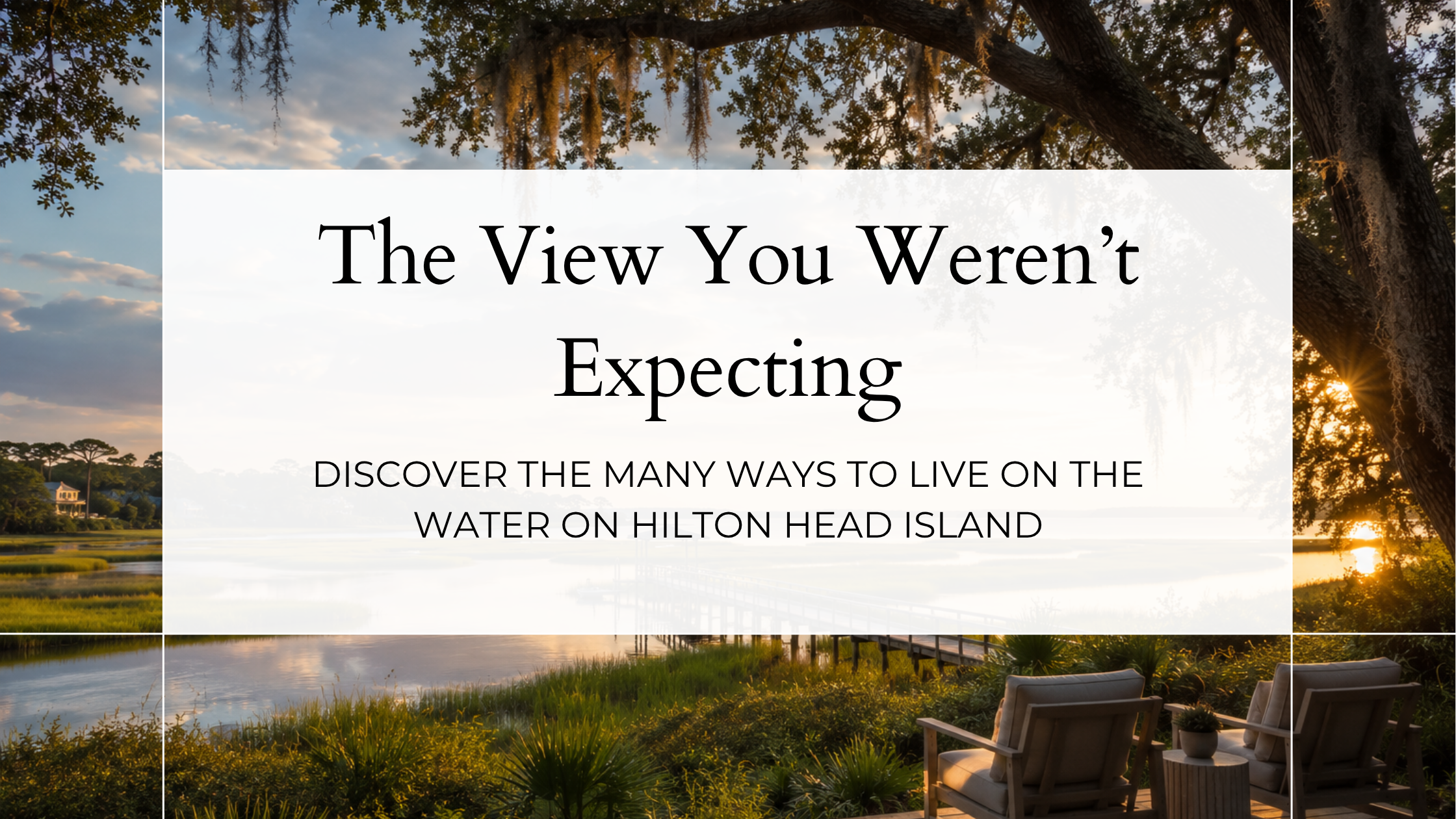 A peaceful Lowcountry marsh view on Hilton Head Island at sunset, featuring tidal water, a private dock, live oak trees draped in Spanish moss, and outdoor seating overlooking the landscape.