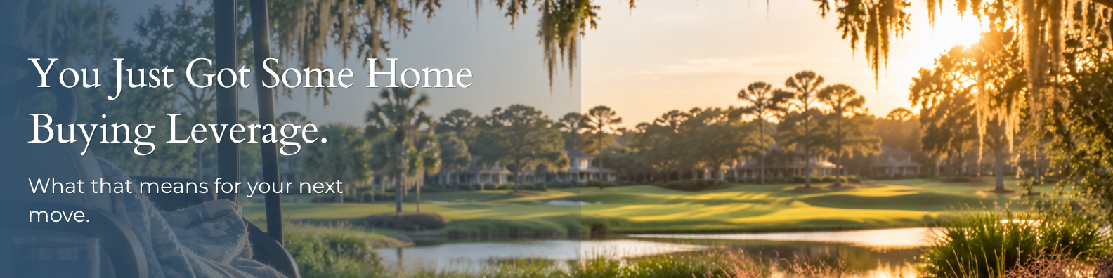 Golden hour view of a Hilton Head golf course and pond lined with moss draped oak trees, with a porch swing and blanket in the foreground