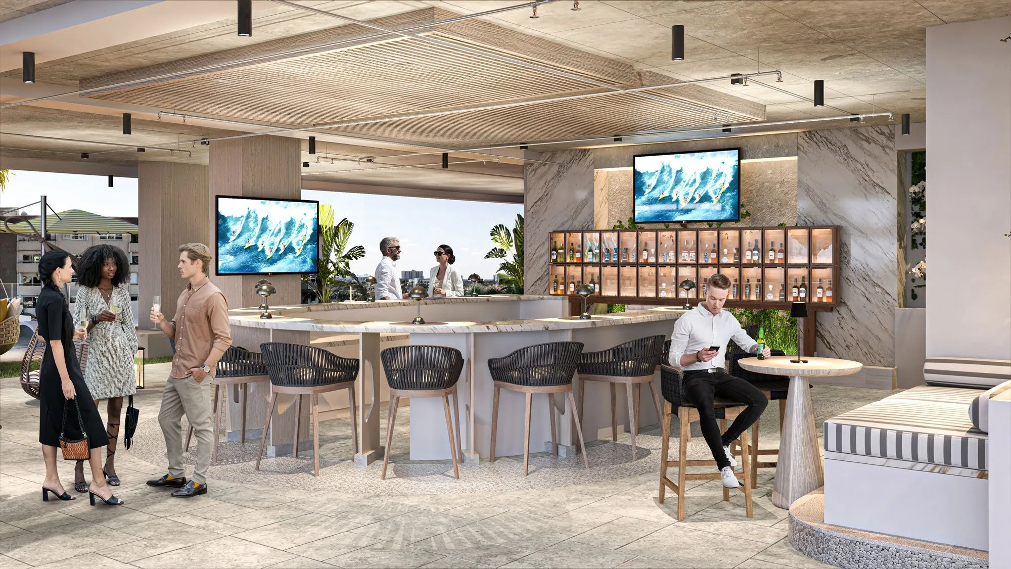 Poolside lounge and bar at Salato Pompano Beach