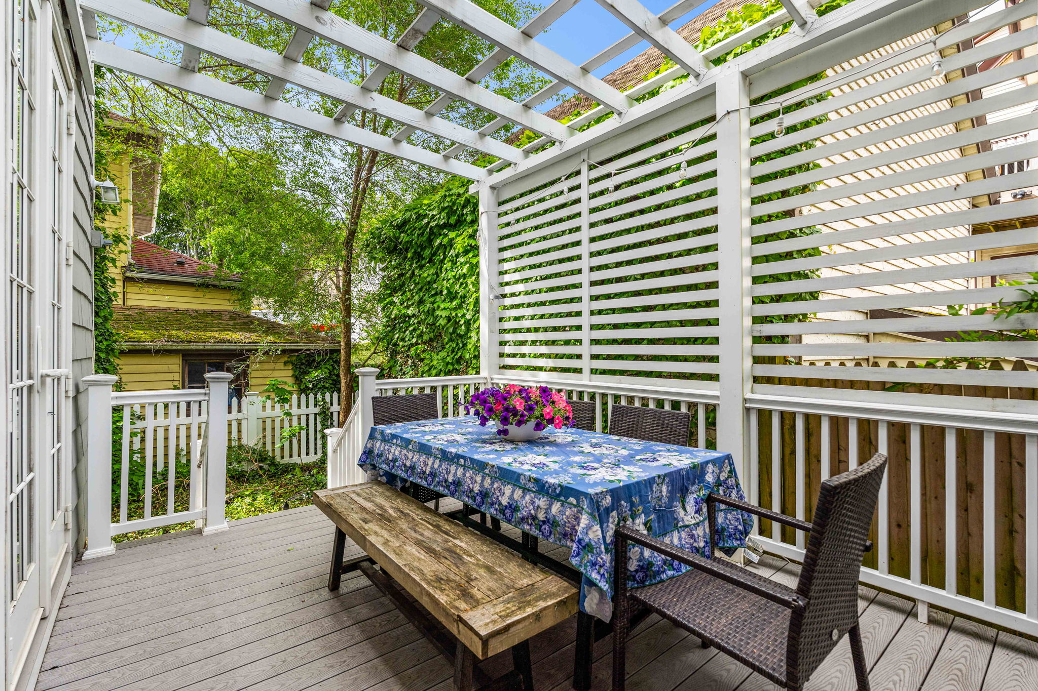 Private back deck with pergola and privacy screen at 14 Curry Circle Swampscott