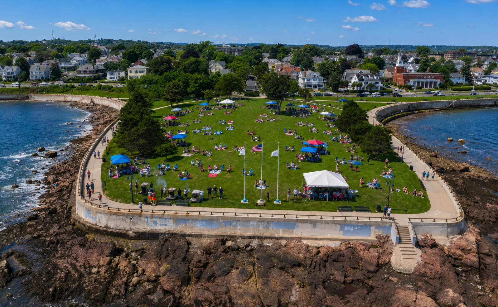 Summer beach party gathering at Red Rock Park overlooking Lynn Beach