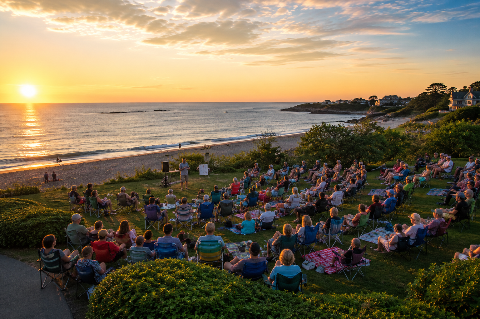 History talk in beach chairs at Goldthwait Beach in Marblehead