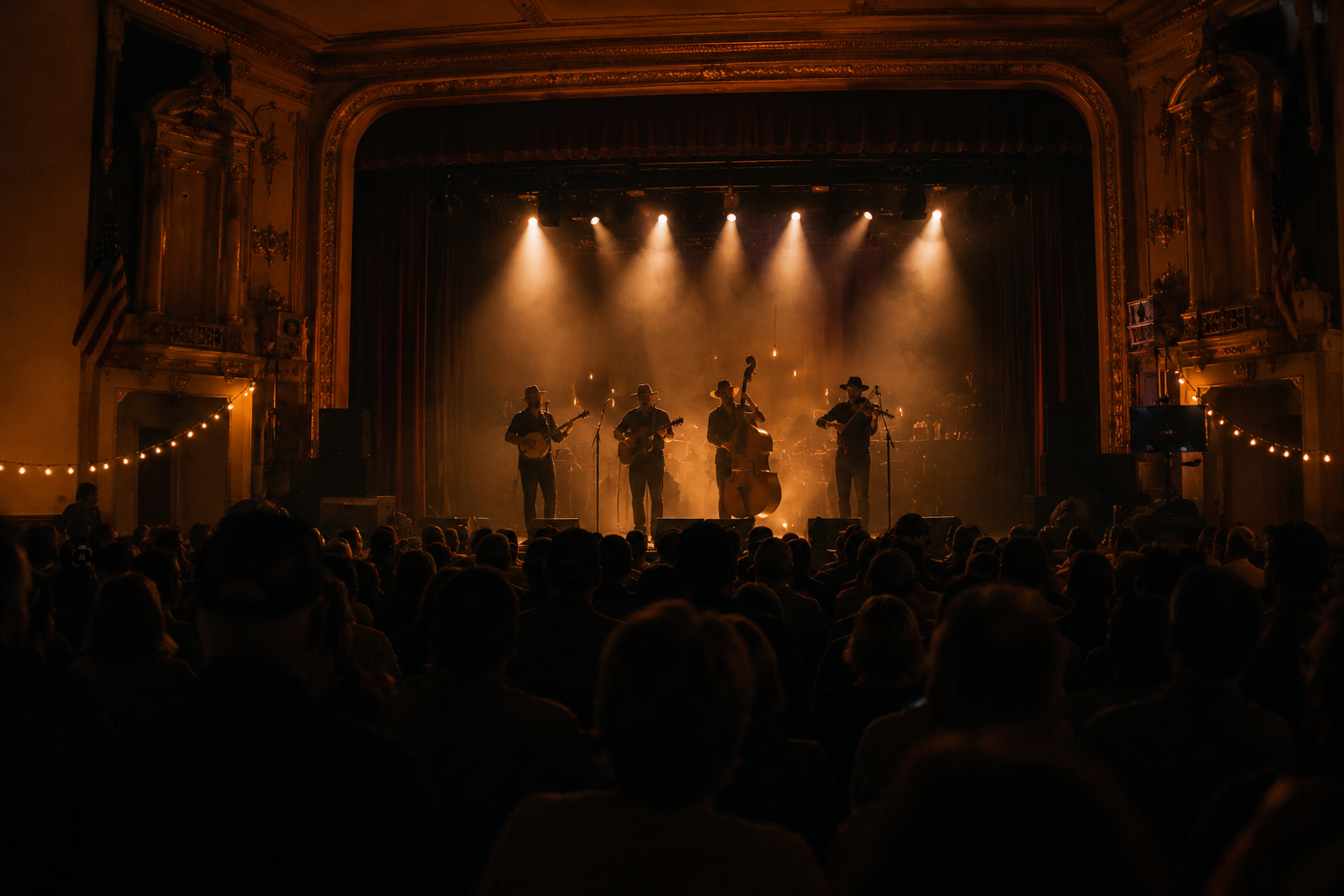 Concert stage lights inside the historic Cabot theater in Beverly