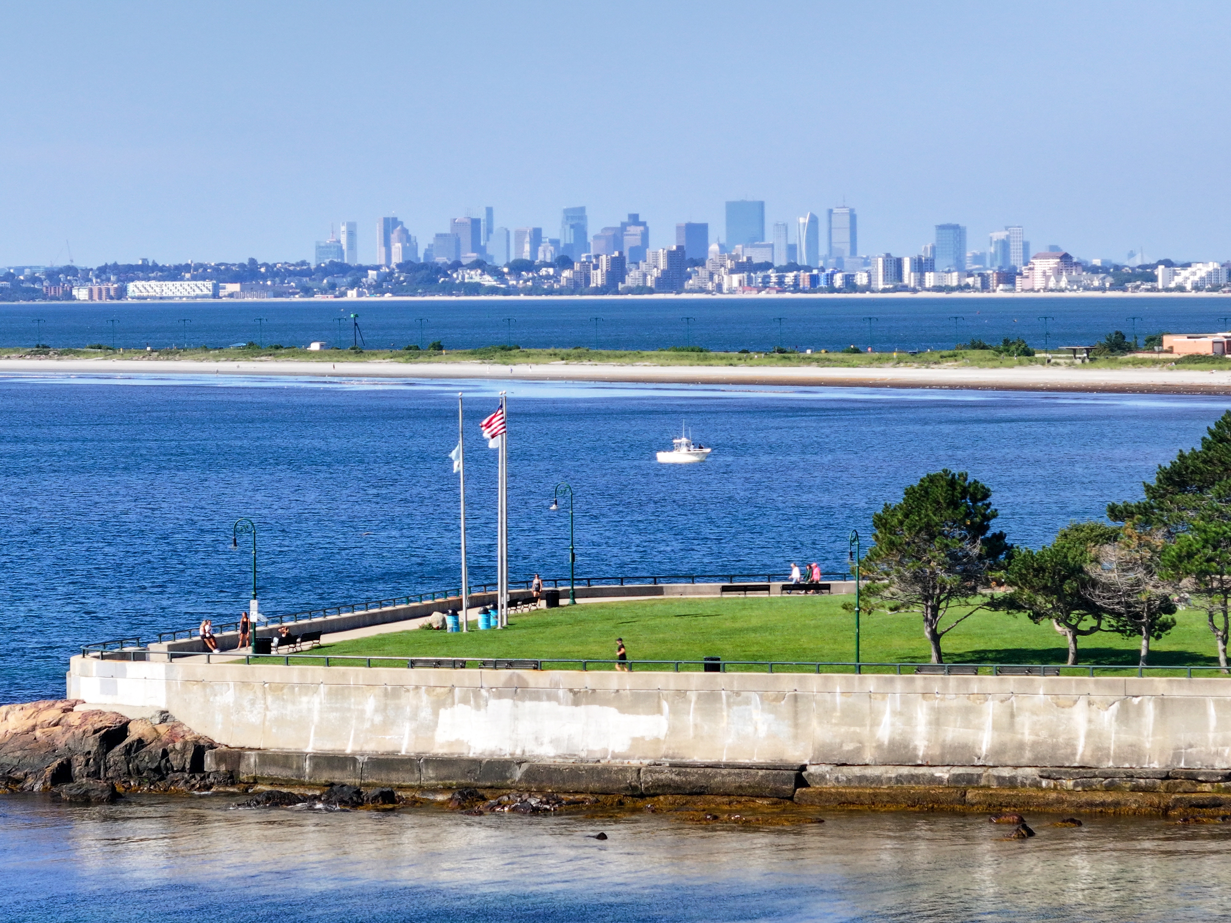 Aerial view from Red Rock Park in Lynn MA over King's Beach and Nahant with the Boston skyline on the horizon