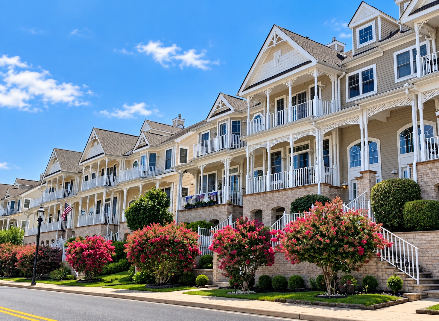A row of Jersey Shore townhomes with stacked front porches and crape myrtles along the street