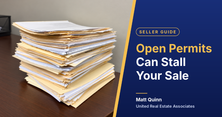 Stack of permit folders with the headline Open Permits Can Stall Your Sale